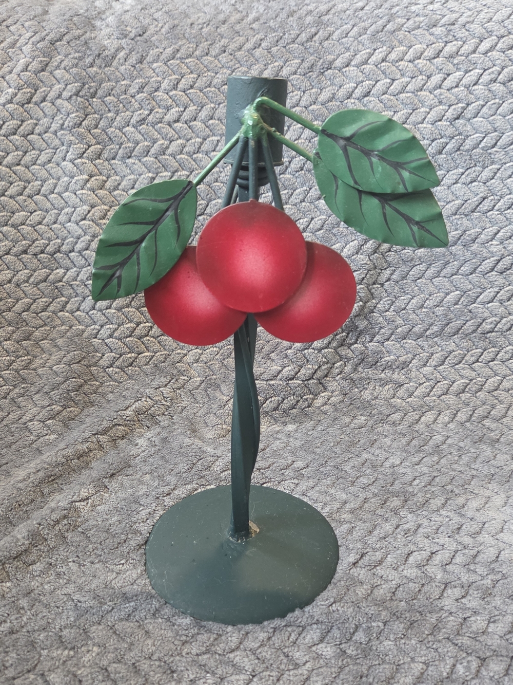 Vintage Metal Cherry Taper Candle Holder Wrought Iron Red Cherries Green Stem